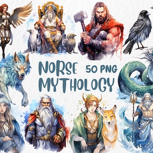 Clipart mythologie nordique à l'aquarelle | Illustrations du serpent Thor, Odin, Loki, Walkyrie, Hel et Midgard | Téléchargement instantané pour une utilisation commerciale