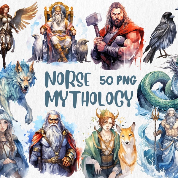 Watercolor Norse Mythology Clipart | Thor, Odin, Loki, Valkyrie, Hel, Midgard Serpent Illustrations | Instant Download for Commercial Use