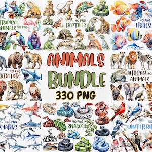 Pacote de Mega Clipart de Animais em Aquarela | Animais Tropicais Africanos, Cobras, Tubarões, Peixes, Répteis | Download Instantâneo para Uso Comercial