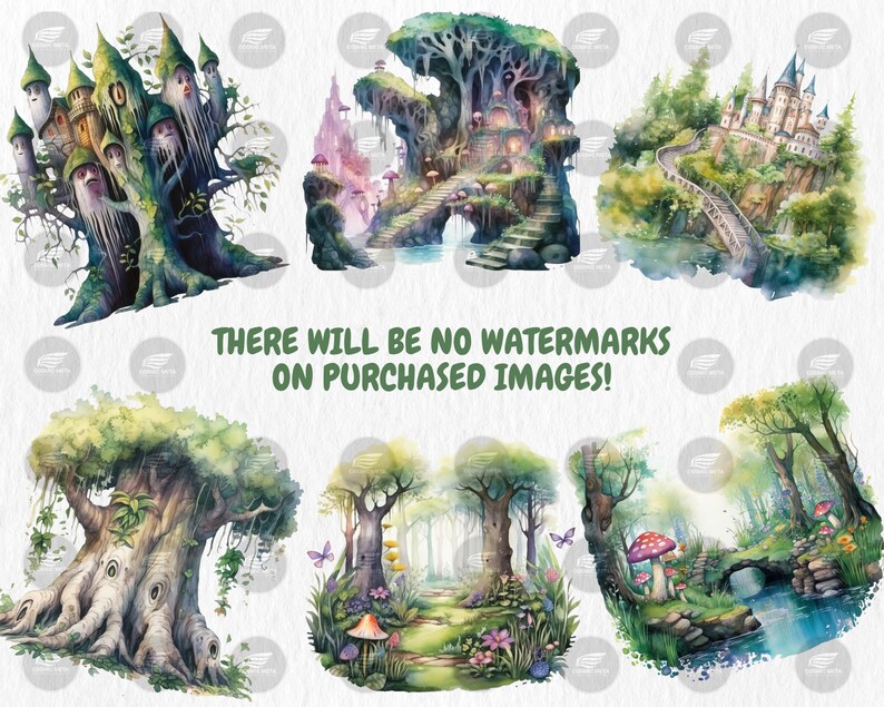 Watercolor Enchanted Forests Clipart | Fairy Garden and Tree, Magical Fantasy Woodland Illustrations | Instant Download for Commercial Use