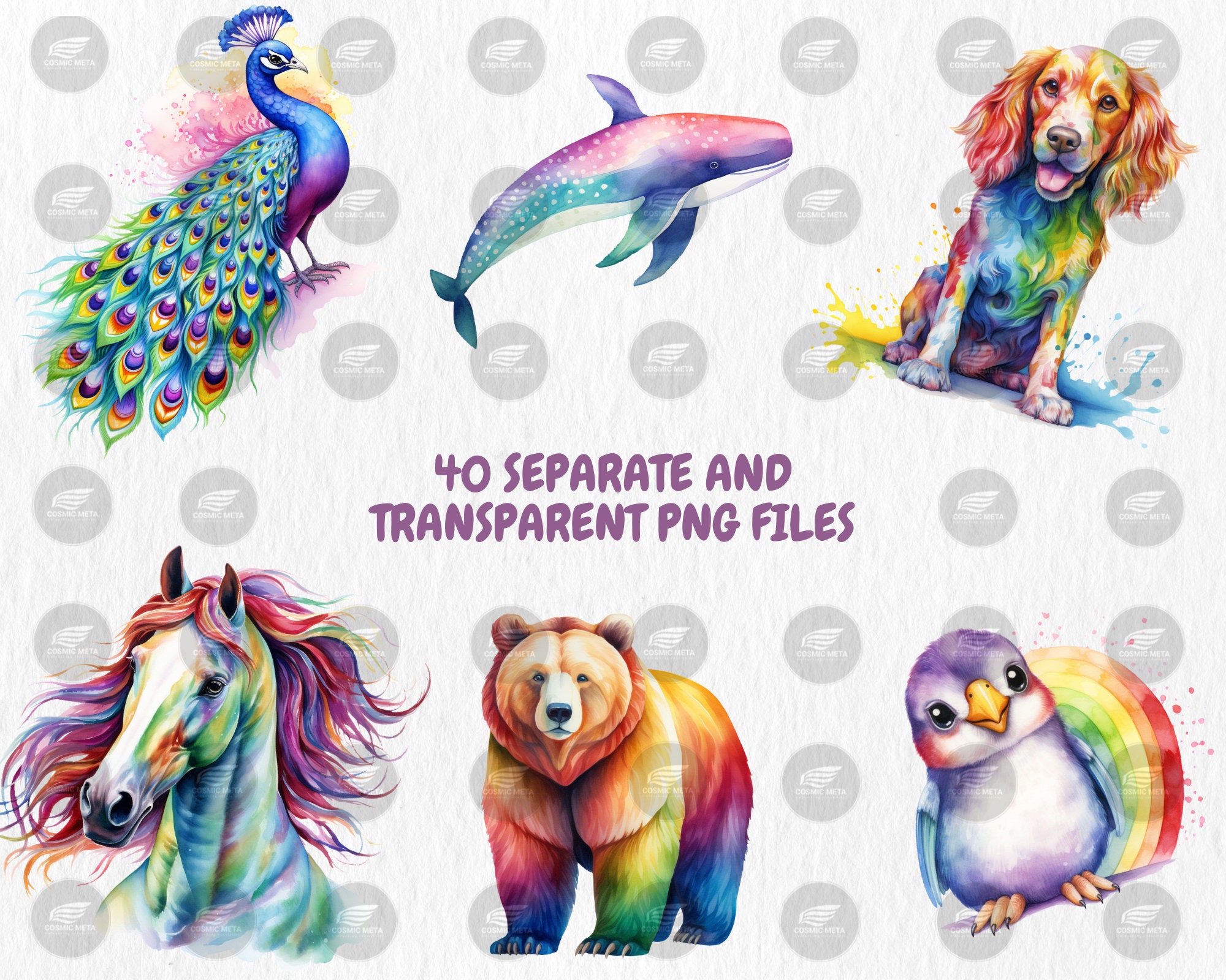Watercolor Rainbow Animals Clipart | 40 PNG Images (digital Download ...