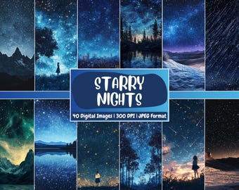 Starry Nights Digital Paper: Cosmic Night Sky Backgrounds (Download)
