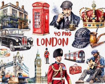 Aquarel Londen Clipart: Big Ben, paleis, oog (directe download)