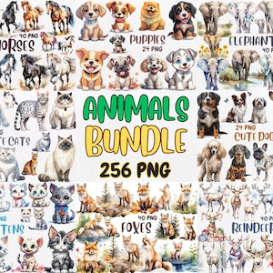 Pacote de Mega Clipart de Animais em Aquarela | Cavalo, Gatos, Cachorros, Raposa, Rena, Elefante, Gatinho, Filhote de Cachorro | Download Instantâneo para Uso Comercial