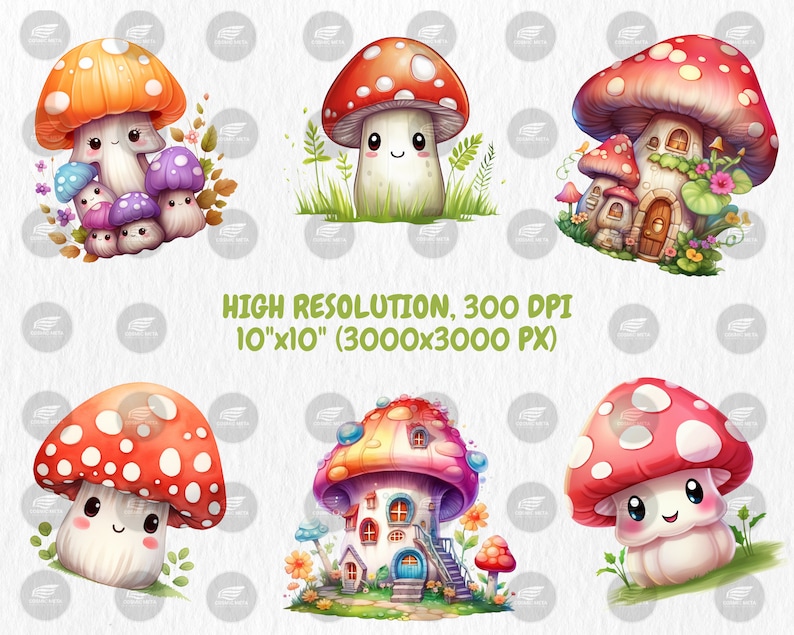 Watercolor Kawaii Mushroom Clipart | 40 PNG Illustrations (commercial ...