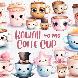 Watercolor Kawaii Coffe Cup Clipart | Coffee Love, Cute Adorable Coffee Cups, Kawaii Illustration | Instant Download for Commercial Use