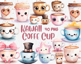 Watercolor Kawaii Coffe Cup Clipart | Coffee Love, Cute Adorable Coffee Cups, Kawaii Illustration | Instant Download for Commercial Use