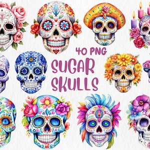 Clipart têtes de mort en sucre aquarelle | Dia De Los Muertos, Halloween mexicain, illustrations de crânes de sucre | Téléchargement instantané pour une utilisation commerciale