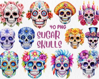 Clipart aquarel suikerschedels: Dia De Los Muertos-illustraties (directe download)