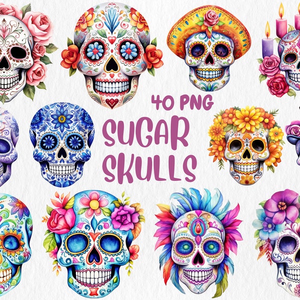 Clipart têtes de mort en sucre à l'aquarelle | Dia De Los Muertos, Halloween mexicain, illustrations de crânes de sucre | Téléchargement instantané pour une utilisation commerciale