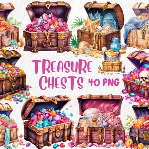 Clipart de Baús de Tesouro em Aquarela | Tesouro Pirata, Baú de Ouro e Gemas, Ilustração de Moeda Pirata | Download Instantâneo para Uso Comercial