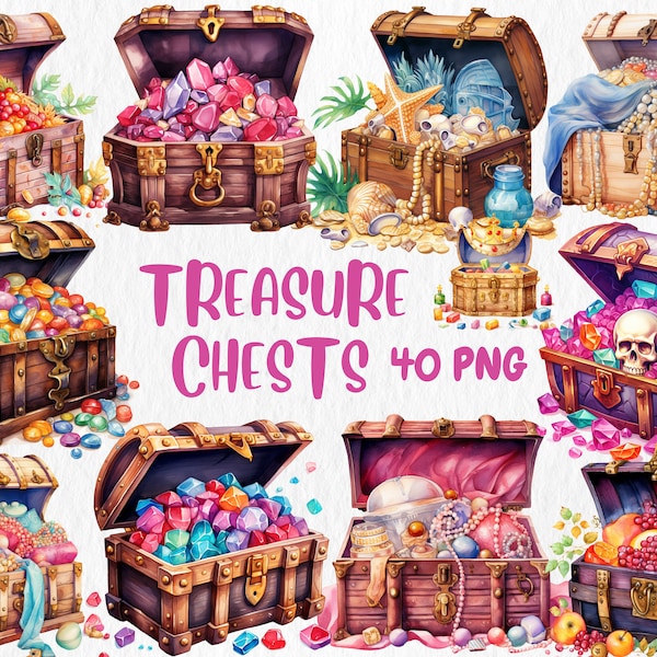 Watercolor Treasure Chests Clipart | Pirate Treasure, Gold and Gem Chest, Pirate Coin Illustration | Instant Download for Commercial Use