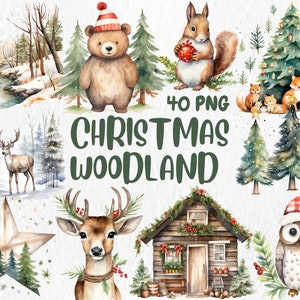 Clipart forêt de Noël aquarelle | Illustrations de chalet en bois, renne, pomme de pin, bonhomme de neige | Téléchargement instantané pour une utilisation commerciale