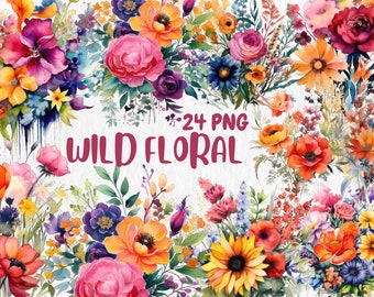 Watercolor Wildflower Clipart: Floral PNG Graphics, Commercial Use (Digital Download)