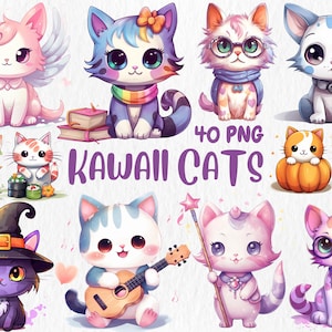 Aquarell Kawaii Katzen Clipart | Süße entzückende Katze, Kätzchen, Katzenliebhaber, Kinderzimmer Dekor Illustrationen | Sofort Download für kommerzielle Nutzung
