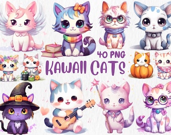 Watercolor Kawaii Cats Clipart | Nursery Decor (Instant Download)