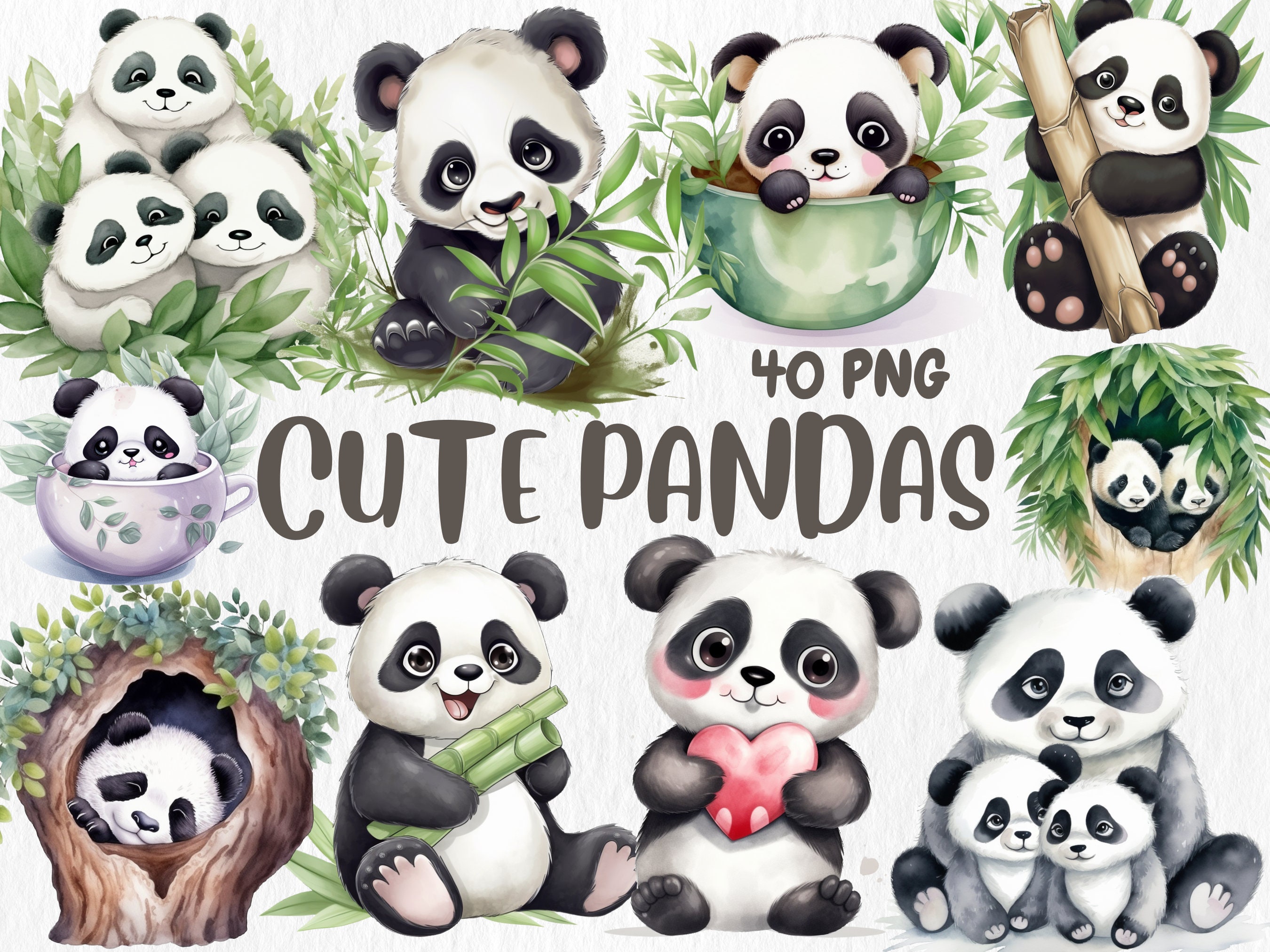 Cute Pandas Clip Art, Panda Clip Art, Panda Clipart, Cute Panda Clipart,  Kawaii Panda, Kawaii Clipart - pnd01