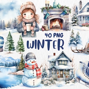 Aquarel winter clipart | Sneeuwpop, winterbos, kerstman, kerstmis, sneeuwvlokillustraties | Directe download voor commercieel gebruik