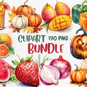 Pacote Mega Clipart de Aquarela | 190 Imagem PNG, Frutas, Vegetais, Laranjas, Manga, Abóboras, Suco de Frutas, Download Instantâneo, Uso Comercial