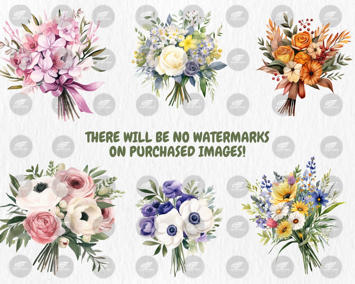 Watercolor Floral Bouquets Clipart: Spring Flowers PNG (digital ...