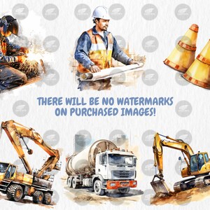 Watercolor Construction Clipart | Worker, Hard Hat, Dump Truck, Cement Mixer, Bulldozer Illustrations | Instant Download for Commercial Use
