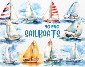 Watercolor Sailboat Clipart: Nautical PNG Graphics (Digital Download)