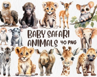 Watercolor Baby Safari Animals Clipart: 40 PNG Illustrations (Instant Download)