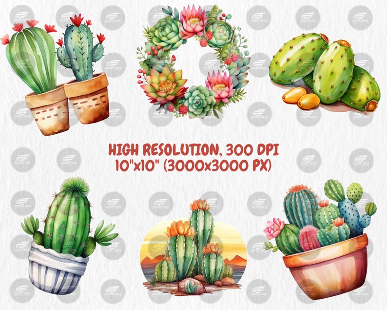 Watercolor Cactuses Clipart | Cacti, Succulent, Wild West, Mexican Floral, Desert Cactus Illustrations | Instant Download for Commercial Use