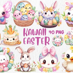 Watercolor Kawaii Easter Clipart | Cute Colorful Bunny, Chicken, Basket, Easter Eggs Illustrations | Instant Download for Commercial Use