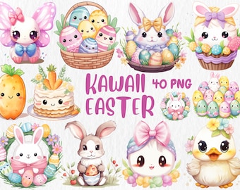 Clipart de Pâques aquarelle kawaii | Joli lapin coloré, poulet, panier, illustrations d'oeufs de Pâques | Téléchargement instantané pour une utilisation commerciale