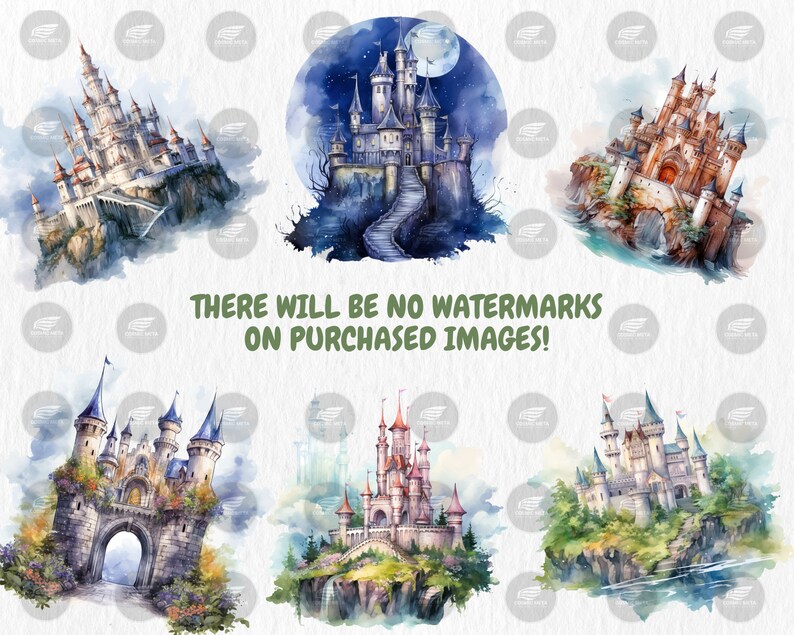 Watercolor Fantasy Castles Clipart | Fairy Tale Fortress, Stronghold, Towering Turrets Illustrations | Instant Download for Commercial Use