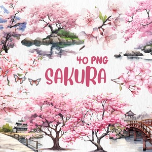 Aquarell Sakura Clipart | Frühlingsblumen und Bäume, Kirschblüte, Florale Clipart Illustrationen | Sofort Download für kommerzielle Nutzung