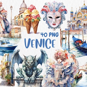 Watercolor Venice Clipart | Venetian Gondola, Piazza San Marco, Grand Canal, Travel Illustrations | Instant Download for Commercial Use