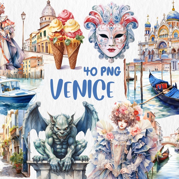 Clipart Venise aquarelle | Gondole vénitienne, Piazza San Marco, Grand Canal, illustrations de voyage | Téléchargement instantané pour une utilisation commerciale