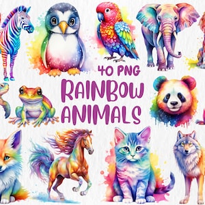 Imágenes prediseñadas de animales del arco iris en acuarela / Ilustraciones coloridas y lindas de animales, leones, gatos, perros y unicornios / Descarga instantánea para uso comercial
