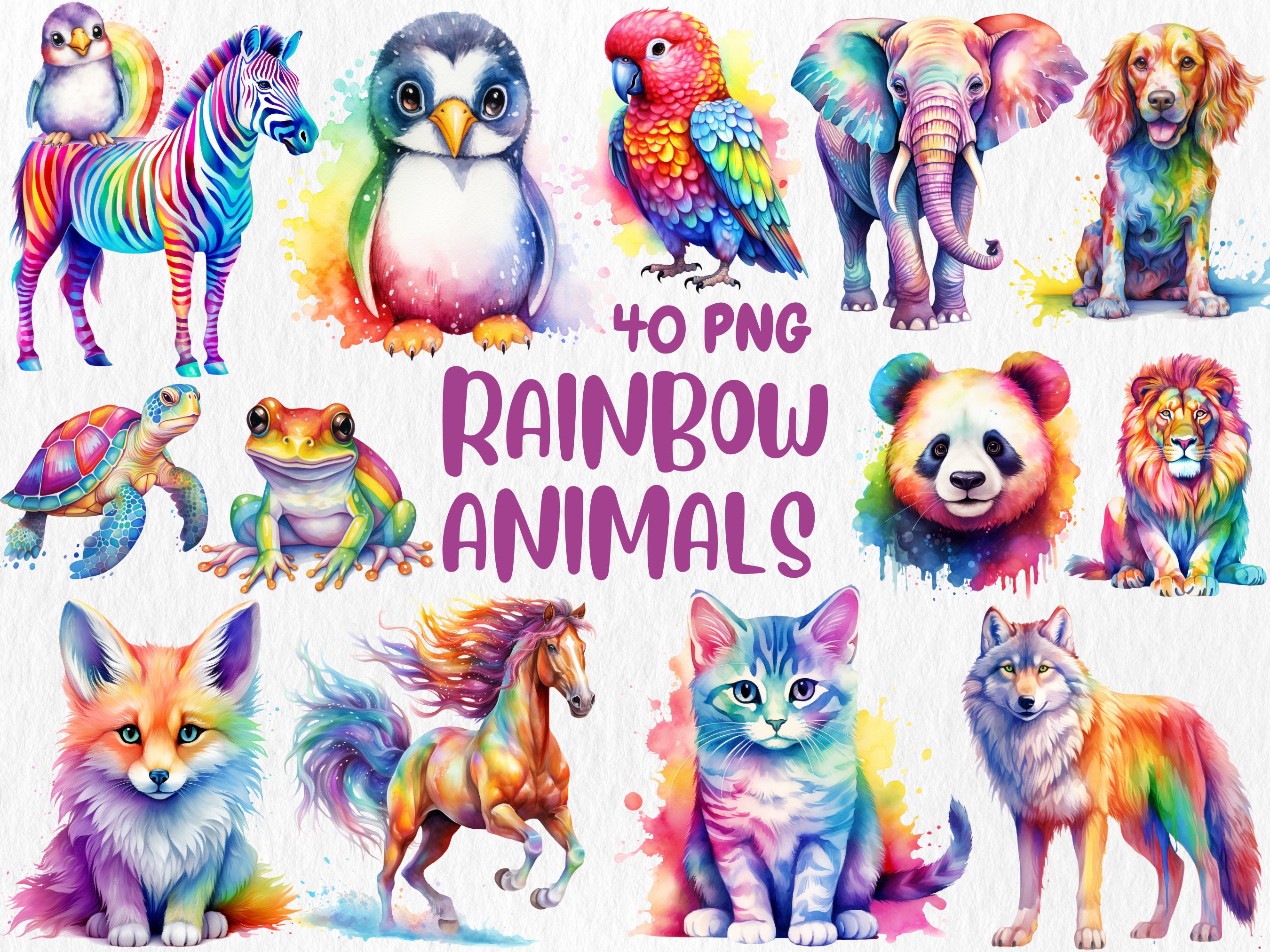 Watercolor Rainbow Animals Clipart | 40 PNG Images (digital Download ...