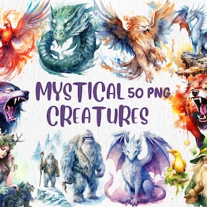 Aquarell Mystische Geschöpfe Clipart | Griffin, Drache, Phoenix, Einhorn, Kraken, Yeti Illustrationen | Sofort Download für kommerzielle Nutzung