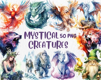 Watercolor Mystical Creatures Clipart: 50 PNG Illustrations (Digital Download)