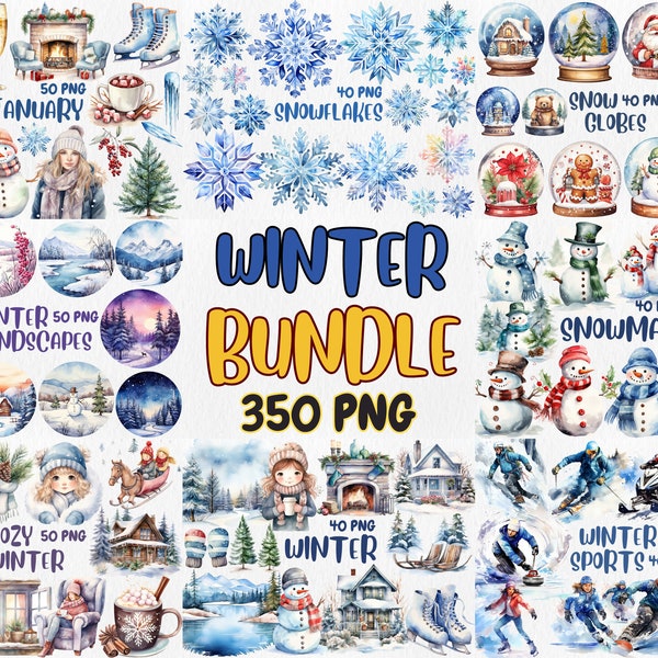 Watercolor Winter Clipart Bundle | Snowmen, Snowflakes, Cozy Winter, January, Winter Landscapes | Instant Download for Commercial Use