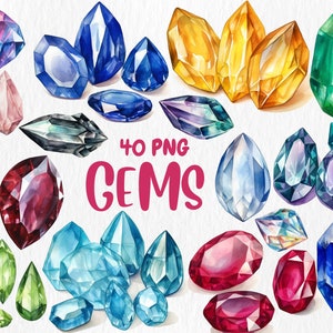Watercolor Gems Clipart | Colorful Gemstone, Jewel, Gem, Precious Stone Illustrations, Crystal, Mineral, Instant Download for Commercial Use