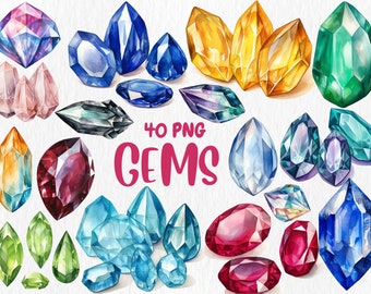 May include: A collection of 40 watercolor illustrations of various gemstones in different shapes and colors. The gems are arranged in a random pattern on a white background. The text "40 PNG GEMS" is written in pink letters in the center of the image.