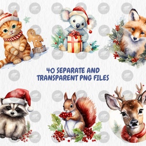 Watercolor Christmas Animals Clipart | Xmas Decor, Dear, Owl, Bunny, Cat, Fox, Dog, Mouse Illustrations | Instant Download, Commercial Use