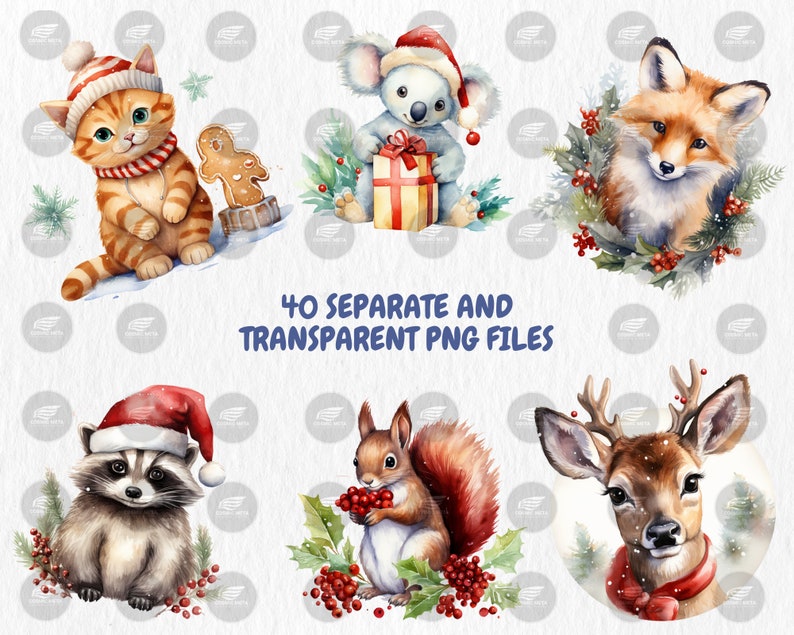 Watercolor Christmas Animals Clipart | Xmas Decor, Dear, Owl, Bunny, Cat, Fox, Dog, Mouse Illustrations | Instant Download, Commercial Use