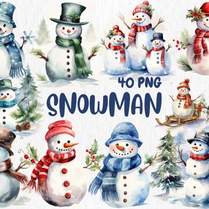 Aquarel sneeuwpop clipart | Winterbos, kerstmis, kerst, winterlandschapillustraties | Directe download voor commercieel gebruik