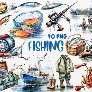 Watercolor Fishing Clipart | Fishing Rod, Fishing Lure, Fishing Boat, Gone Fishing Illustrations | Instant Download for Commercial Use