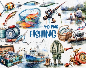 Watercolor Fishing Clipart: 40 PNG Illustrations (Instant Download)