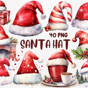 Clipart de gorro de Papá Noel en acuarela / Navidad, invierno, decoración navideña, ilustraciones de gorros de Papá Noel / Descarga instantánea para uso comercial