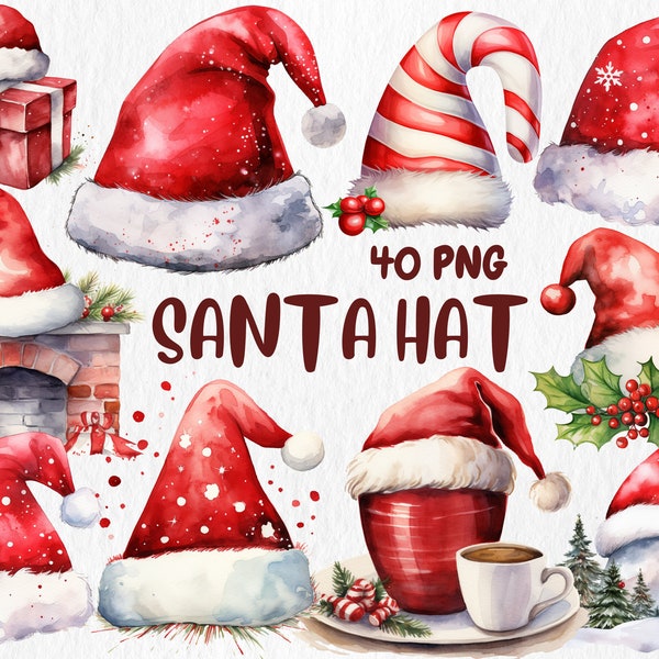 Watercolor Santa Hat Clipart | Xmas, Winter, Christmas Decoration, Santa Claus Hat Illustrations | Instant Download for Commercial Use