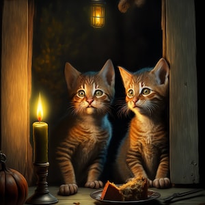 May include: Two tabby kittens sit by a window, looking up at a lit candle and a lantern. A slice of cake sits on a plate in front of them.