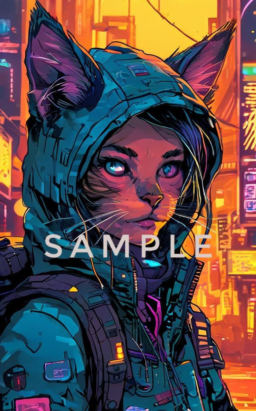 Beautiful Cyberpunk Cat Girl in a Futuristic City Landscape, Portrait ...